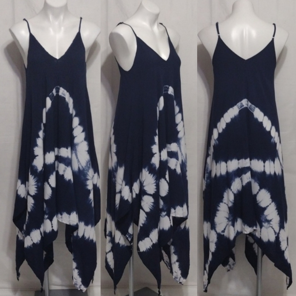 Kori America Tie Dye Boho Chic Summer Dress Shark Bite Asymmetrical Hem Small
